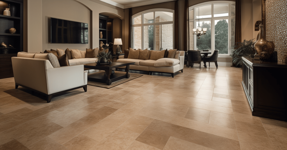 An expansive living room space featuring an elegant tile floor