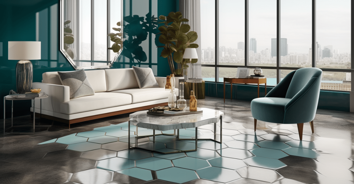 elegant living room with a newly installed hexagon tile floor