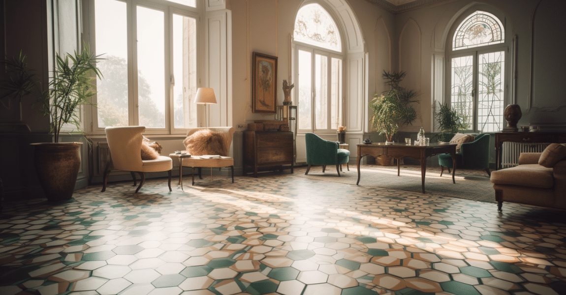 elegant vintage-style living room with a geometric patterned tile flooring