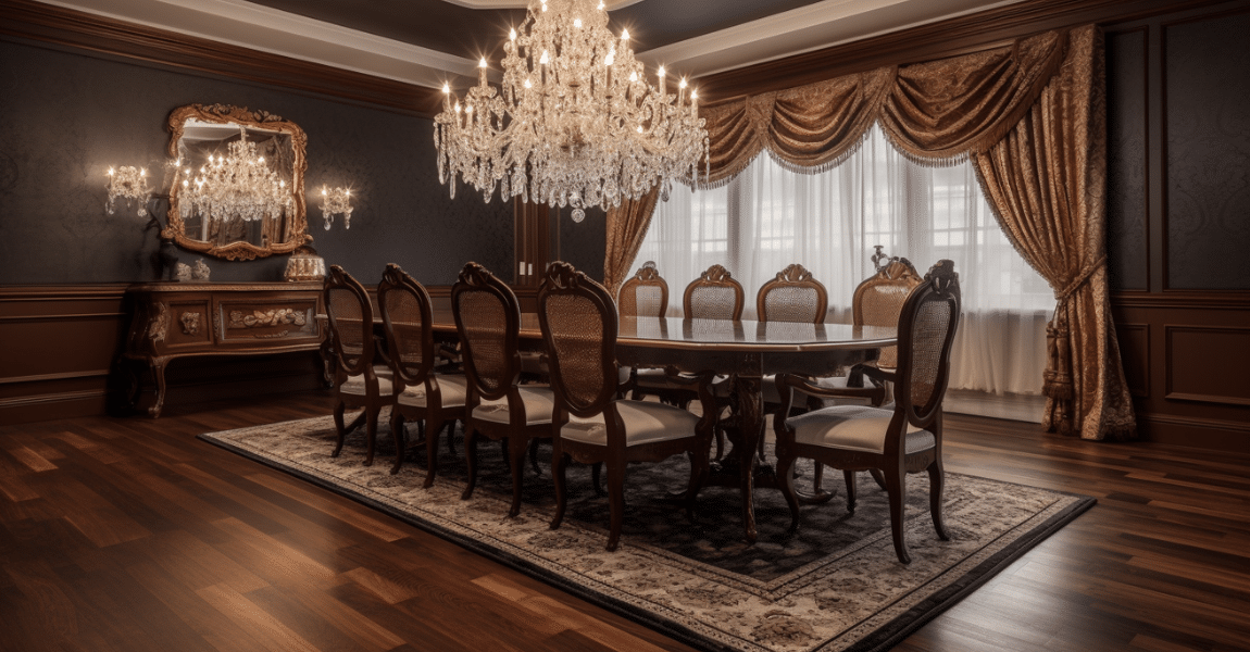luxurious dining room with dark mahogany hardwood flooring