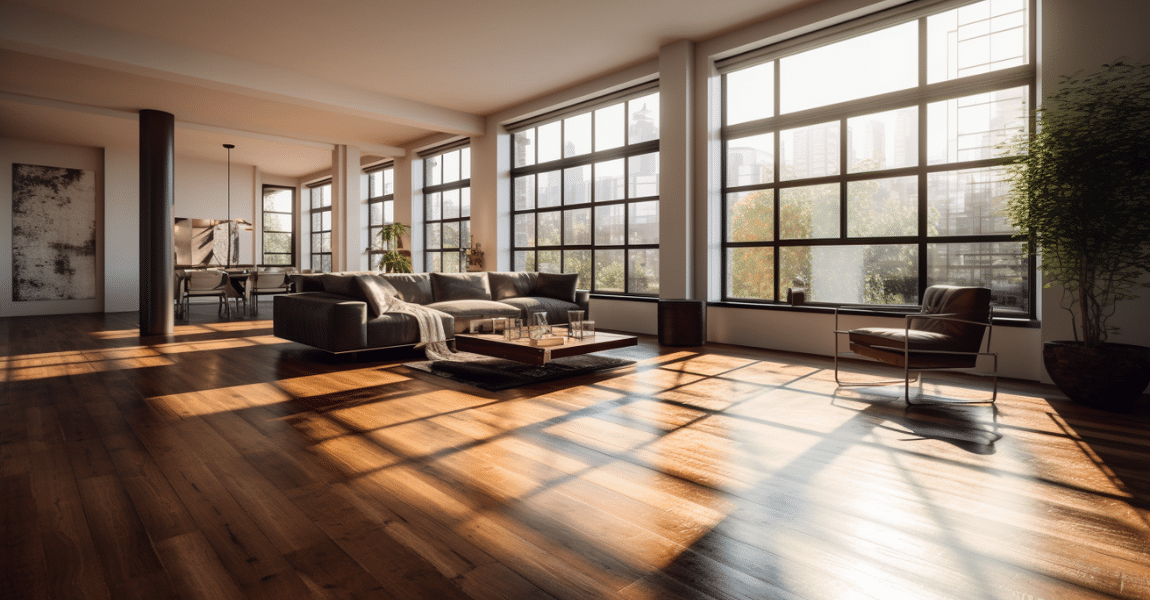 modern living room with hardwood floors, flooded with natural light streaming through large windows