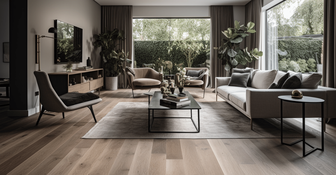 spacious living room with Engineered Wood Flooring