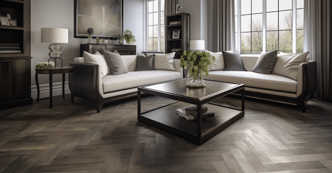 Elegant and spacious living room with a beautiful installation of Luxury Vinyl Tile (LVT) flooring