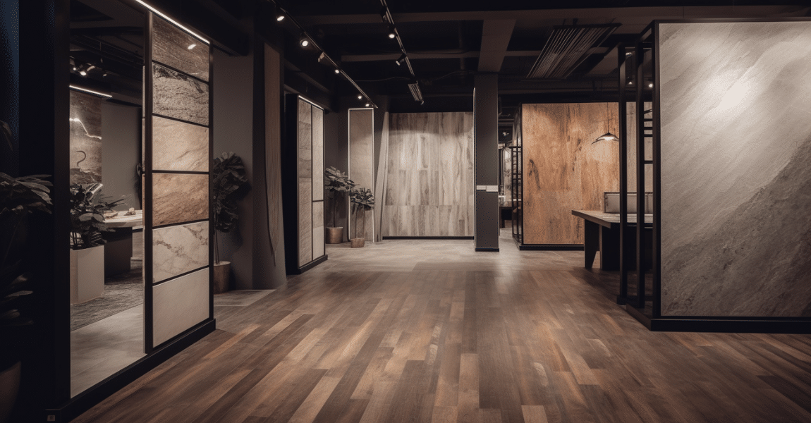 Mesmerizing showroom displaying the variety of LVT designs, with beautifully arranged floor installations depicting the transition from wood-look to stone-look