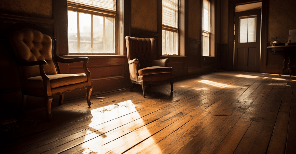 Sunlight streaming through tall windows revealing intricate dents in hardwood floors