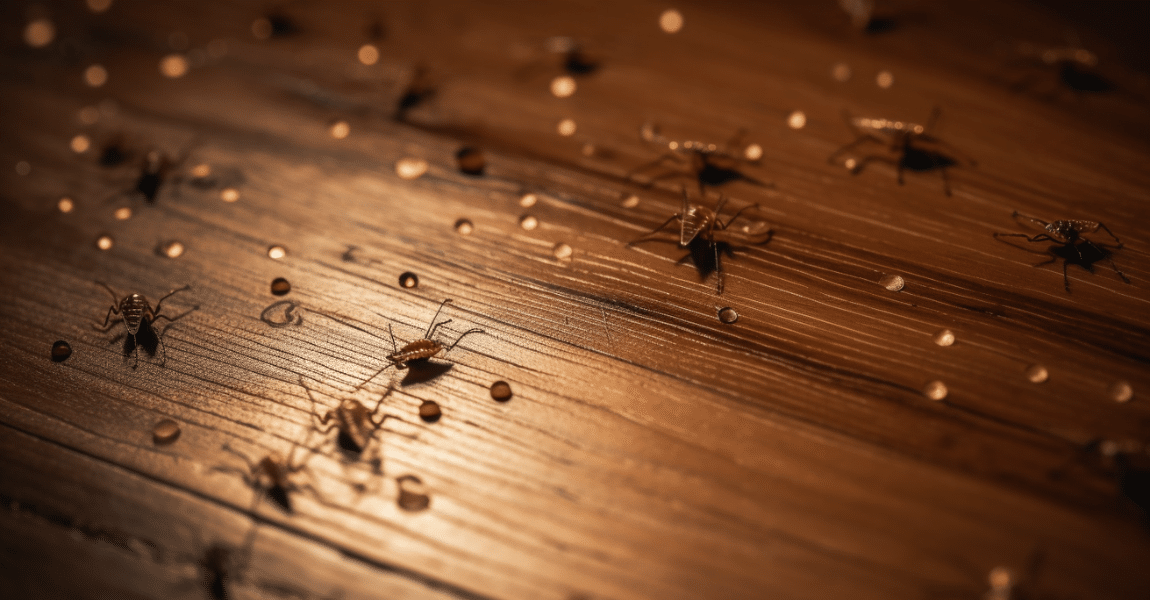 Tiny fleas scurrying across a gleaming hardwood floor