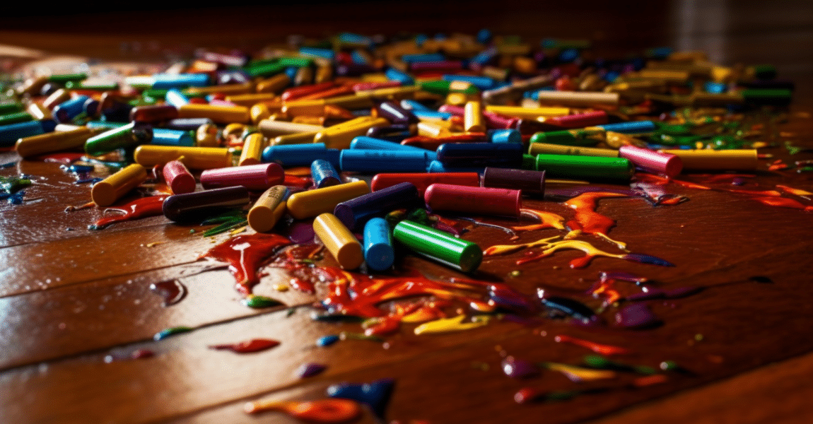Vibrant crayons scattered across a polished hardwood floor