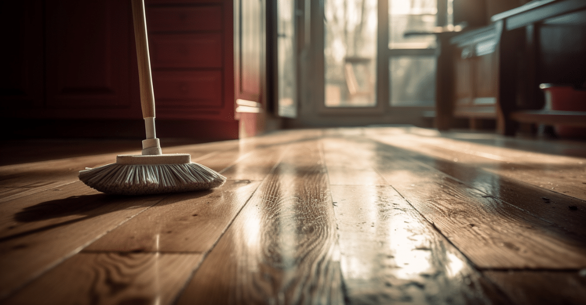 an old oak hardwood floor being cleaned with a mop soaked in a mixture of vinegar and water