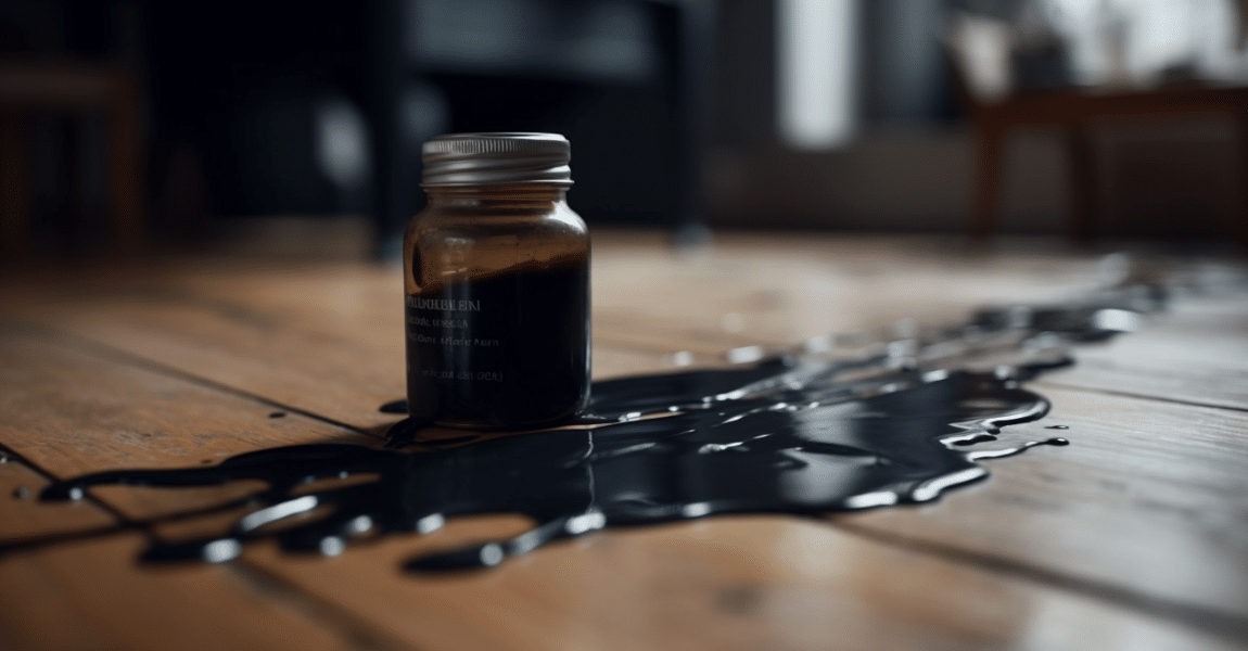 black ink spill on a hardwood floor in a house