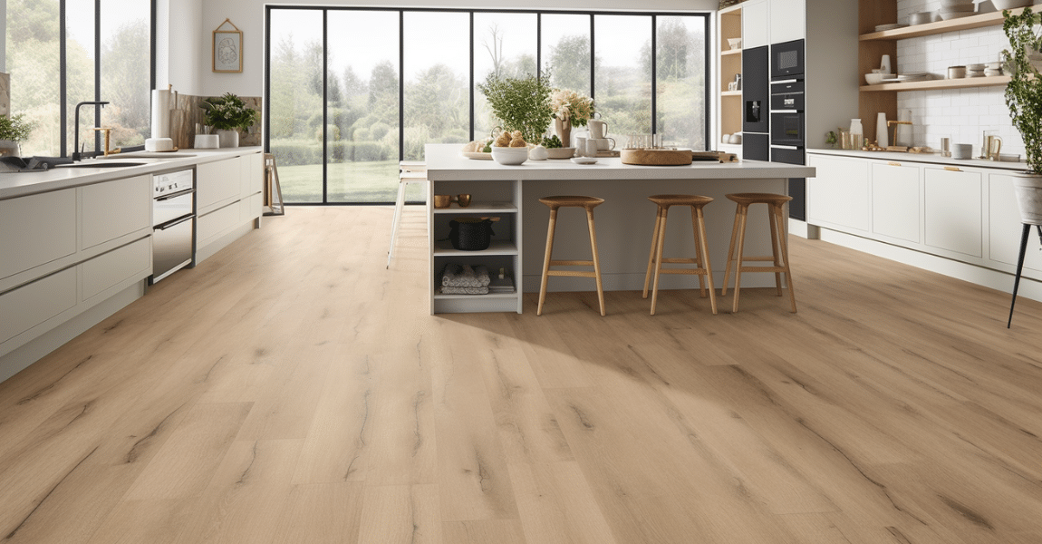 modern kitchen with elegant LVT flooring in a light oak finish, showcasing its easy maintenance with no visible dirt or scratches