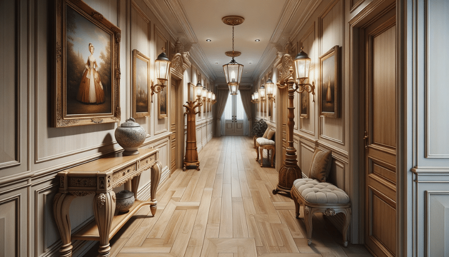 A classic hallway with light oak wood LVT flooring