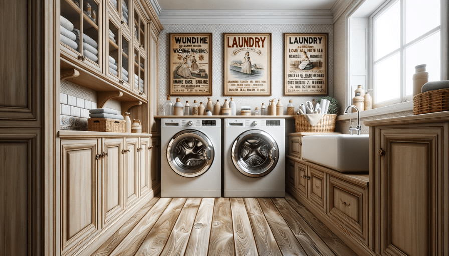 A classic laundry room with light oak wood LVT flooring