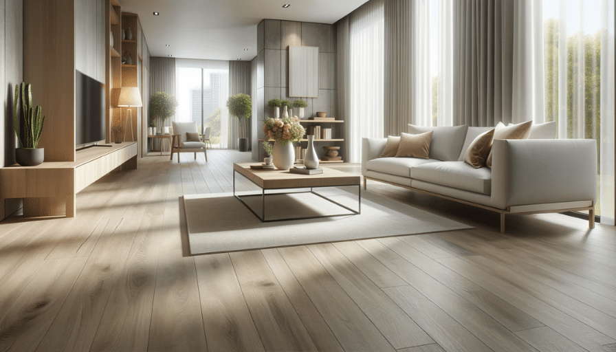 A depiction of a bright living room showcasing Coretec LVT flooring with its realistic wood appearance