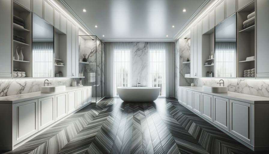 A luminous bathroom featuring white cabinetry, a marble bathtub, dark wood-like LVT flooring