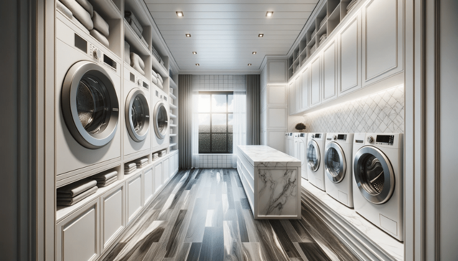 A luminous laundry room featuring white cabinetry, a marble countertop, dark wood-like LVT flooring, and sunlit stainless steel fixtures