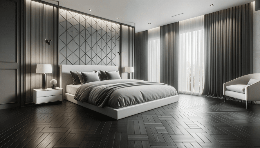 A modern bedroom with a king-sized bed, geometric feature wall, dark oak-like LVT flooring, and minimalist nightstands