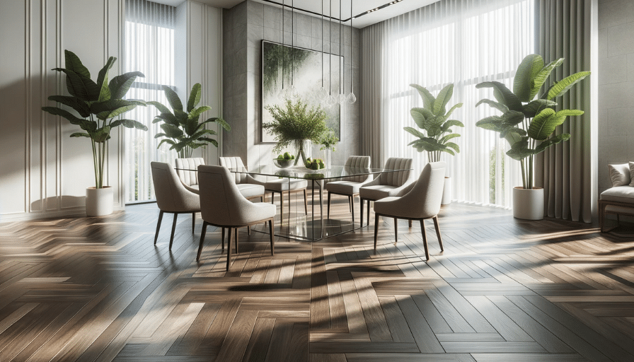 A modern dining room with dark wood-grain LVT flooring