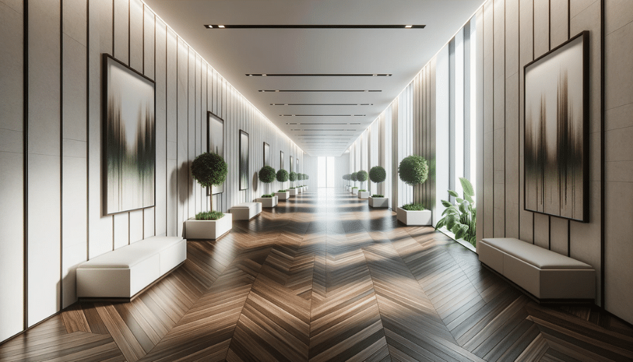 A modern hallway with dark wood-grain LVT flooring