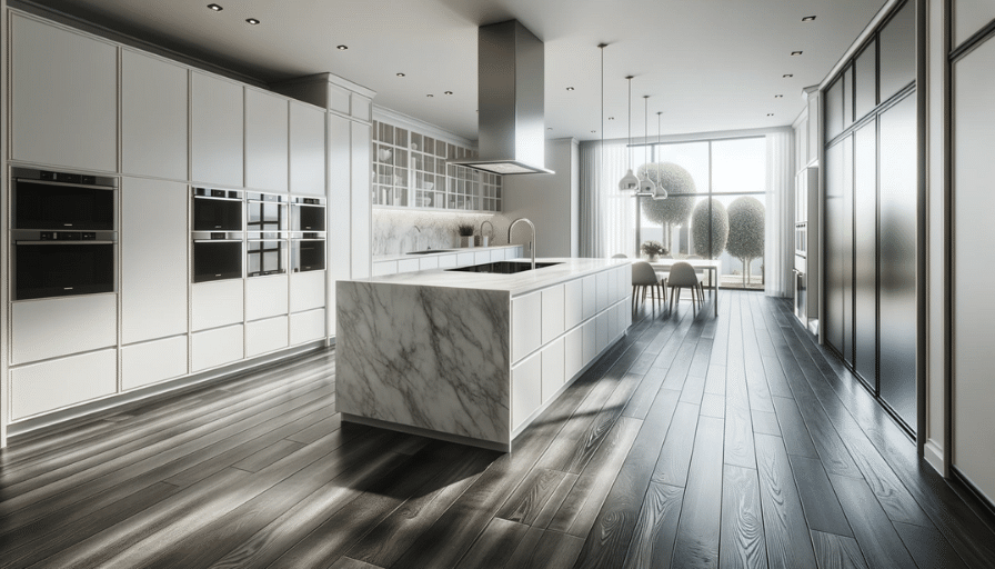 A modern kitchen with sleek white cabinetry, a marble island, and LVT flooring
