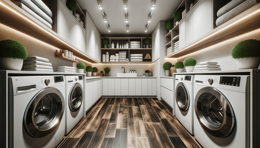 A modern laundry room with dark wood-grain LVT flooring