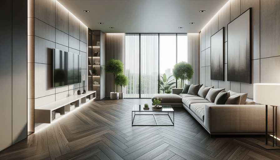 A modern living room with dark wood-grain LVT flooring
