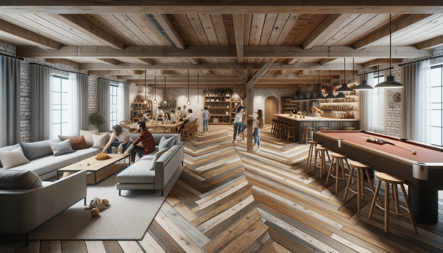 A rendered spacious farmhouse-style basement with rustic barn wood LVT flooring