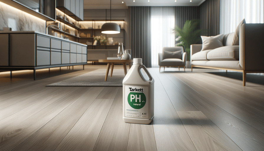 A visual representation of a Tarkett LVT flooring in a living room setting with a pH-neutral cleaner emphasizing its importance