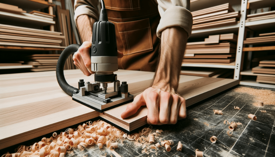 A woodworking scene where a craftsman is using a router to refine the edges of laminate flooring