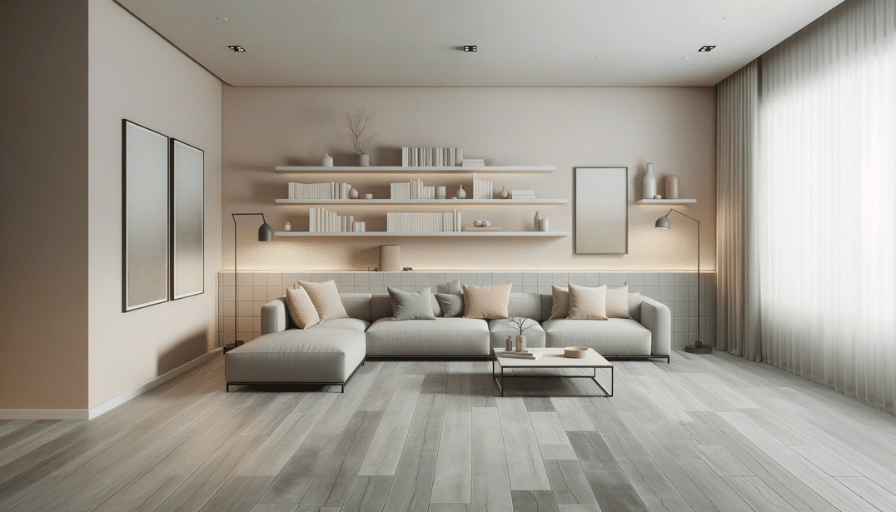 An illustrated minimalist basement with stone-look LVT flooring