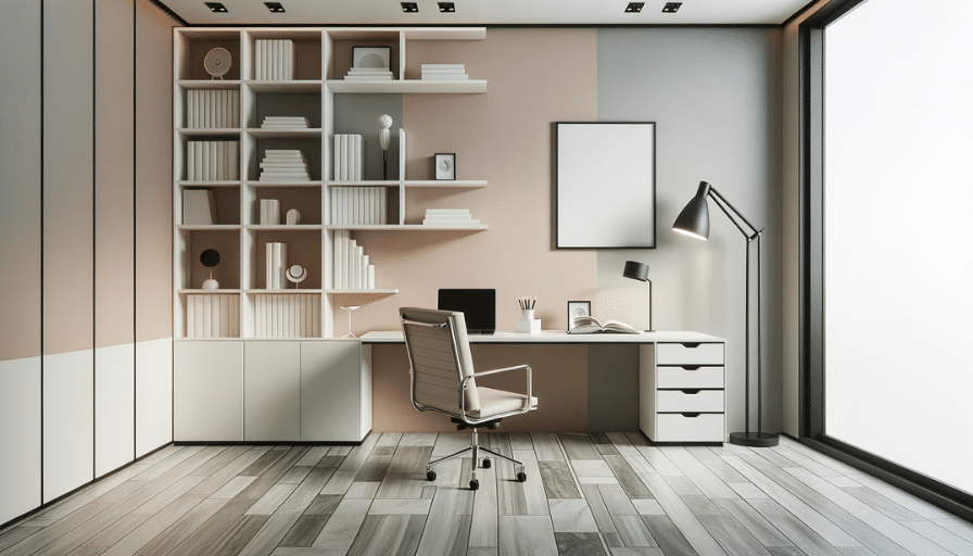 An illustrated minimalist office room with stone-look LVT flooring