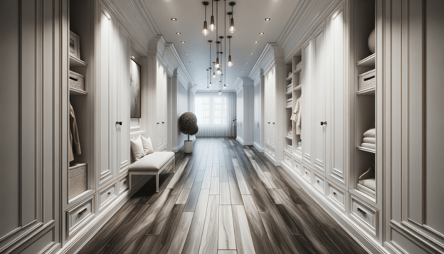 An inviting hallway with white cabinetry, dark LVT flooring, pendant lights, and a central wooden bench