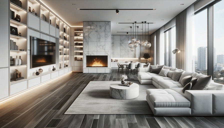 Comfortable living room with white built-ins, dark LVT flooring, plush sectional, and a modern fireplace