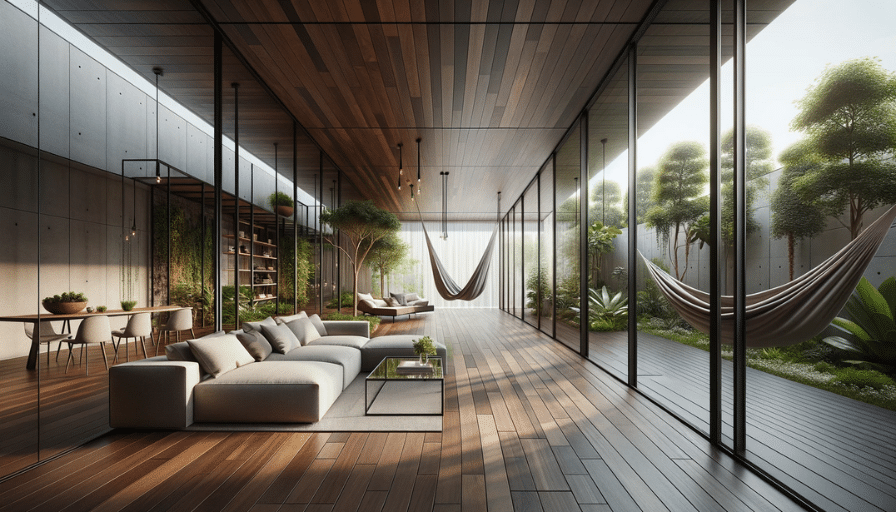 Contemporary sunroom with sliding glass doors, dark wood-like LVT floor, sleek sofa, hammock, and indoor plants