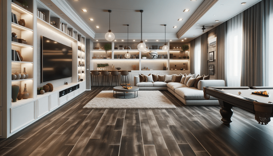 Cozy basement recreation room with dark LVT flooring, plush sectional, pool table, and a bar area