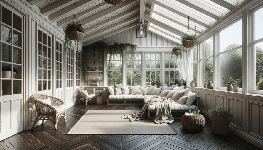 Cozy sunroom with dark LVT flooring, white paneled walls, daybed, rattan chairs, and large windows
