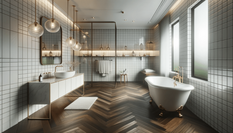 Elegant bathroom with dark LVT flooring, white tiled walls, clawfoot bathtub, and opulent gold fixtures