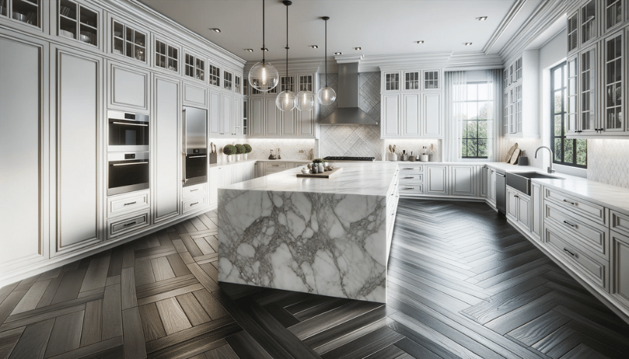 Gourmet kitchen with white cabinetry, marble island, dark LVT flooring, and sunlit stainless steel appliances