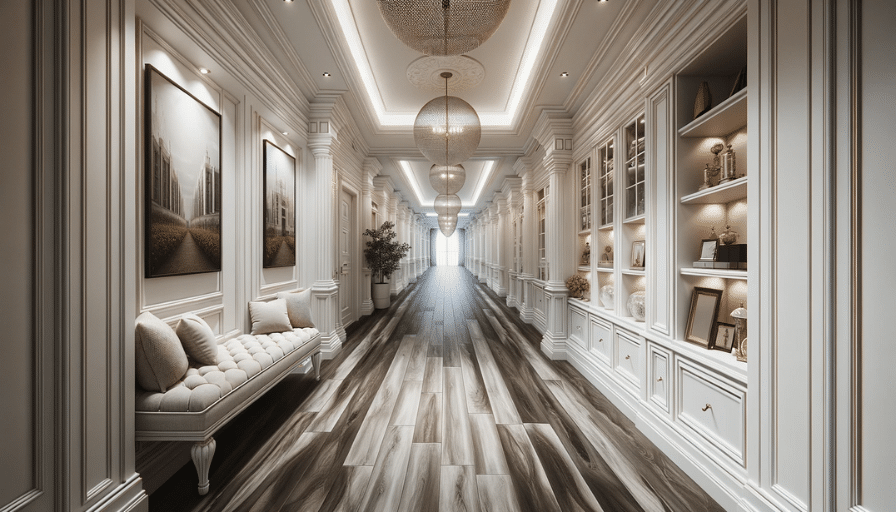 Grand hallway with white cabinetry, dark LVT flooring, art-adorned walls, and a luxurious bench