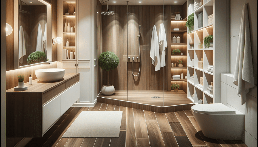 Harmonious bathroom design featuring LVT flooring, white storage, corner shower, and a refreshing touch of greenery