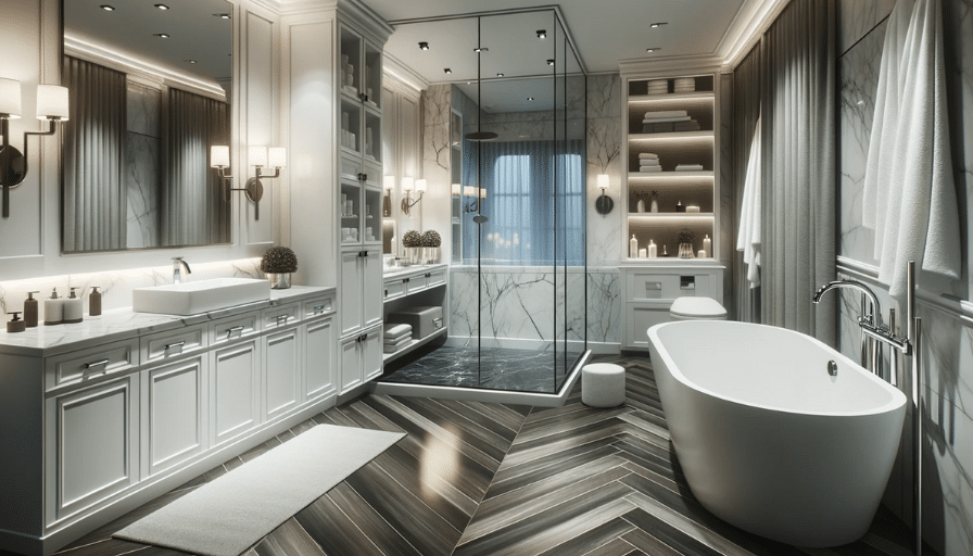 Luxurious bathroom with white cabinetry, freestanding bathtub, dark LVT flooring, and a spa-like ambiance
