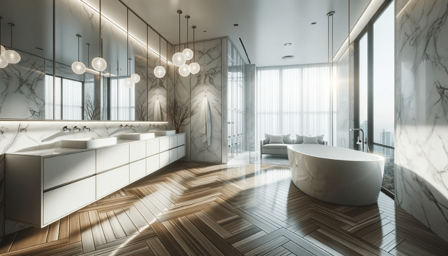 Luxurious bathroom with white cabinets, a grand marble bathtub, dark wood-patterned floor, and sunlight streaming in