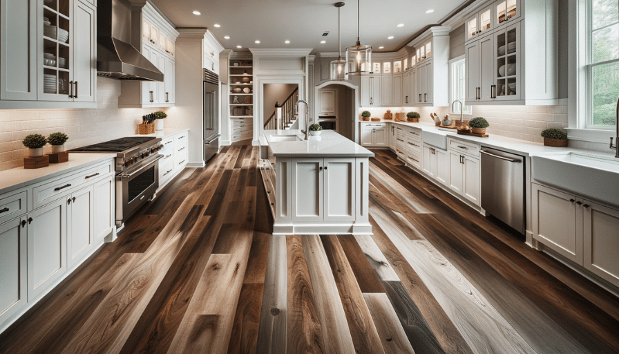 Meticulously designed kitchen with LVT flooring, white cabinetry, farmhouse sink, and a waterfall edge island