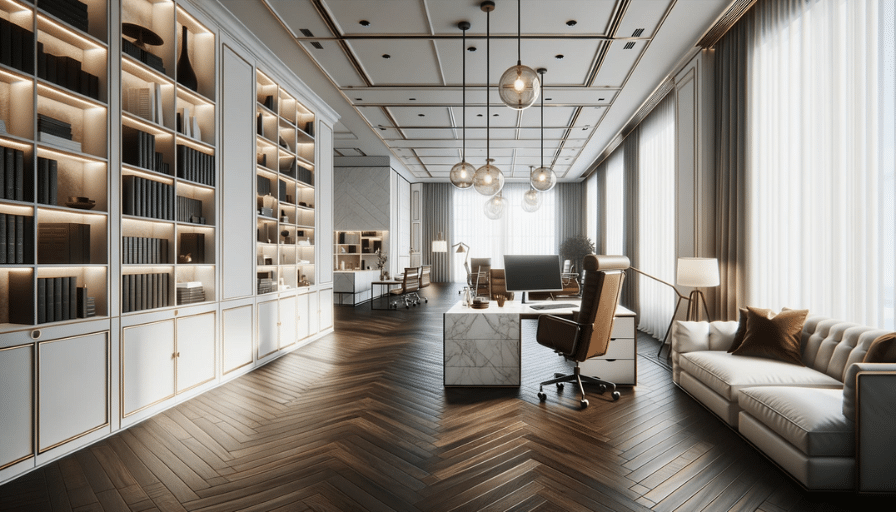 Meticulously designed office space featuring LVT flooring, white storage units, a marble desk, pendant lights, and a suede sofa lounge corner
