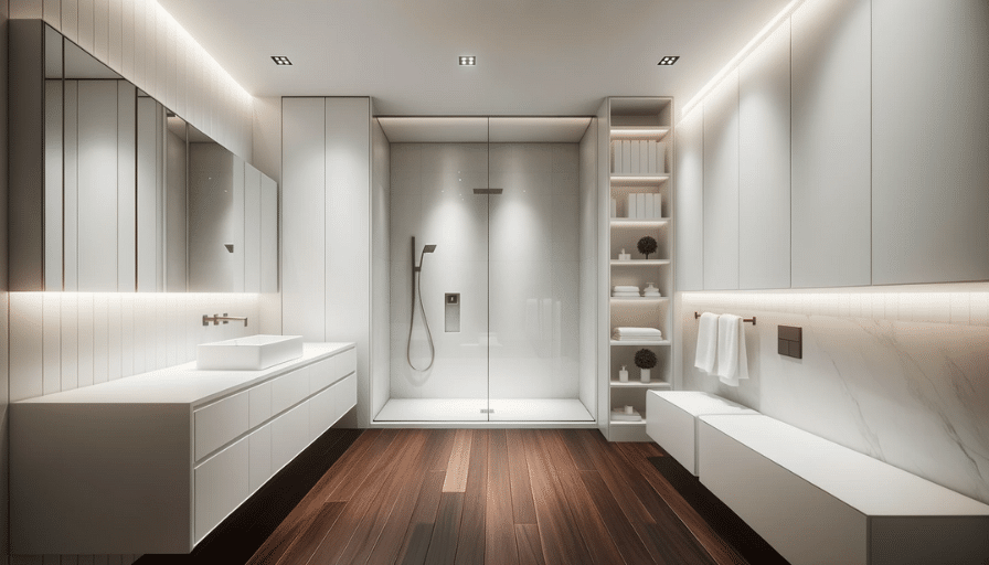 Minimalist bathroom design with wall-mounted cabinetry, dark wood-like LVT floor, and a modern under-mount sink