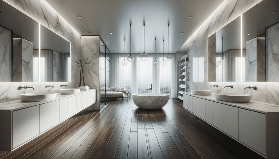 Minimalistic bathroom design with white storage, a central marble bathtub, reflective fixtures, and ample natural light