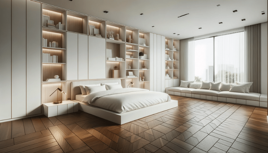 Minimalistic bedroom design with built-in cabinetry, dark wood-like LVT floor, platform bed, and large windows