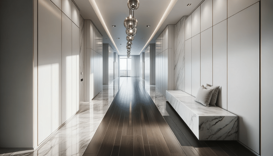 Minimalistic hallway design with white storage units, a central marble bench, reflective fixtures, and ample natural light