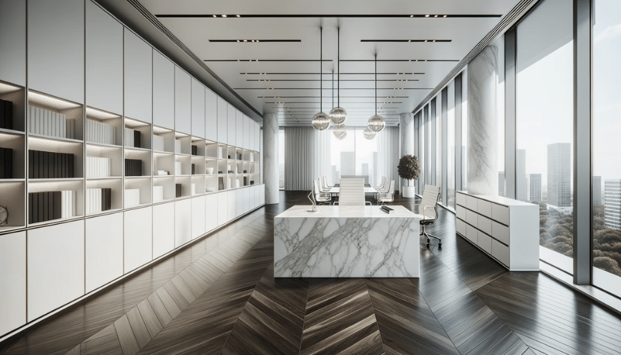 Minimalistic office design with white storage units, a central marble desk, reflective fixtures, and ample natural light