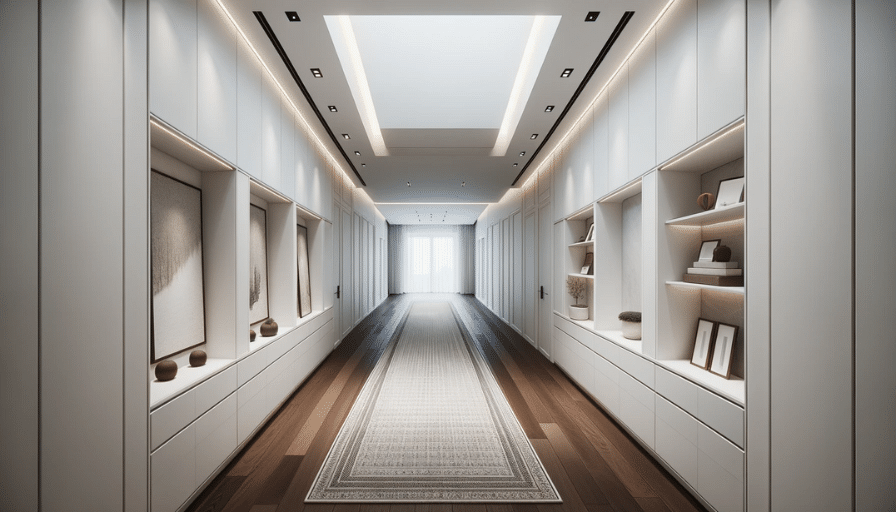 Modern minimalist hallway with built-in cabinetry, dark wood-like LVT floor, ceiling lights, and a statement runner rug