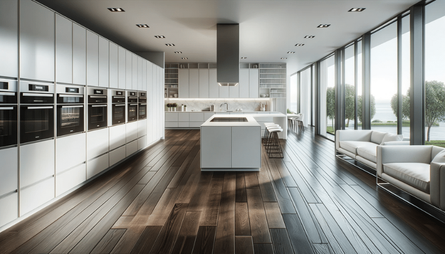 Modern open-concept kitchen with floor-to-ceiling cabinets, dark wood-like LVT floor, and a central island workspace